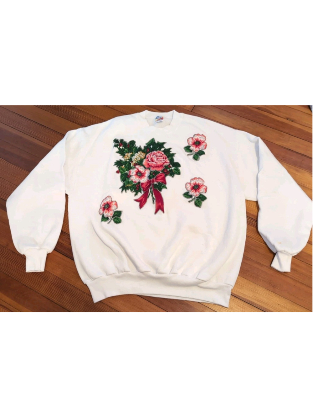 Vintage Jerzees Sweatshirt L/XL Appliqued Roses Floral Art Grandma Cottagecore